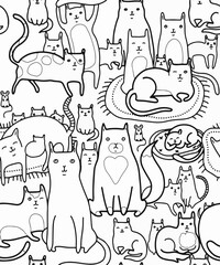 Vector pattern, background with cats in various poses. Cute pets. Cozy atmosphere. Relaxing Coloring Pages