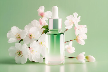 Obraz na płótnie Canvas Dropper bottle with moisturizing serum on tender mint background with blooming sakura bunch. Natural beauty product for skin care. Organic cosmetic for beauty treatment. Generative ai