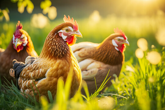 Laying hens graze in a meadow on a blurry landscape background. The concept of a natural poultry farm with chickens on wild grazing and animal care. Generative ai