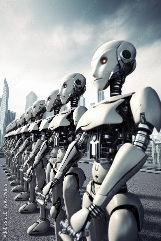 Aufkleber sophisticated robots stand are arranged in a row, backdrop of a glittering city. generative ai