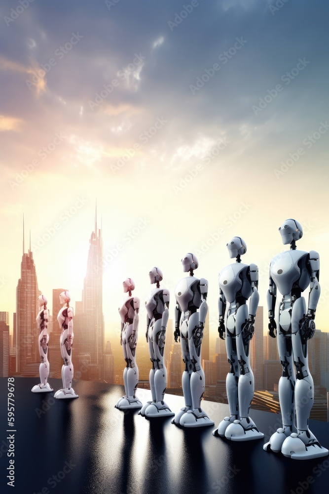 Poster sophisticated robots stand are arranged in a row, backdrop of a glittering city. generative ai