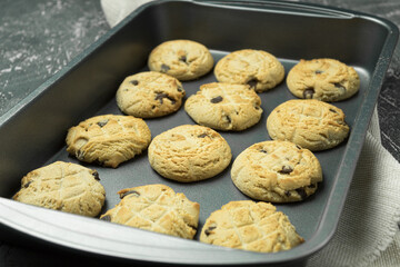 Cookies with chocolate on a baking sheet