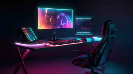 Modern gamer computer desk setup with RGB lights on background. Desktop mockup computer