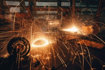 Worker in an industrial setting, using a grinder to cut and shape a piece of metal. Generative AI