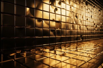Polished gold tiles patterned into 3D wall. Luxurious background. 3D render. Generative AI