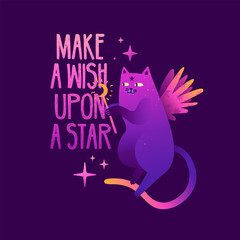 Cute illustration with mystical shiny cat. Magic characters of cat with stars and wings. Esoteric cartoon neon style. Cute cats for printing on fabric. Vector.