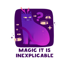 Cute illustration with mystical shiny cat. Magic characters of cat with stars and wings. Esoteric cartoon neon style. Cute cats for printing on fabric. Vector.