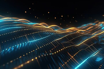 Fototapeta na wymiar abstract futuristic background with gold blue glowing neon moving high speed wave lines and bokeh lights. Data transfer concept Fantastic wallpaper, Ai Generative