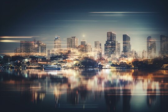Abstract urban cityscape graphic with blurred skyline and river, inspired by Chao Phraya River in Thailand. Generative AI