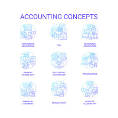 Accounting blue gradient concept icons set. Financial statement. Business performance idea thin line color illustrations. Isolated symbols. Roboto-Medium, Myriad Pro-Bold fonts used