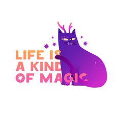 Cute illustration with mystical shiny cat. Magic characters of cat with stars and wings. Esoteric cartoon neon style. Cute cats for printing on fabric. Vector.