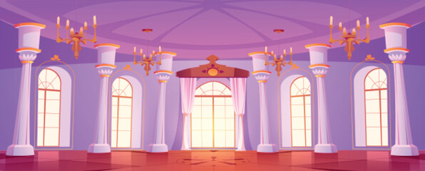 Palace room, royal castle ballroom. Luxury interior of medieval dance hall with windows, curtains, columns and gold chandeliers, vector cartoon illustration © klyaksun
