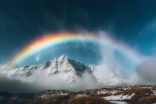 Circular rainbow cloud with snowy mountains, known as ice-crystal halo optical phenomenon. Generative AI