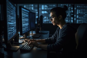 Programmer working at their computer, surrounded by monitors displaying code. Generative AI