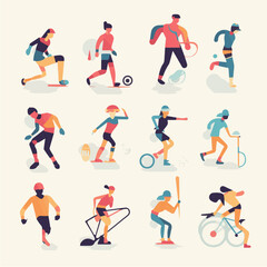 Fototapeta na wymiar Sport people flat icons set with men and women cycling playing football and tennis isolated vector illustration
