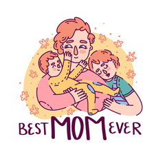 Cute illustration for happy mother s day. Cartoon characters of daughter, baby and mother are hugging. Vector