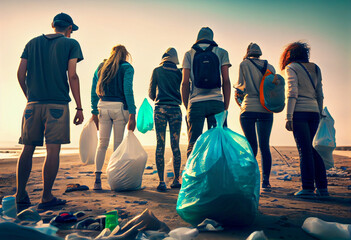 Group of eco volunteers picking up plastic trash on the beach - Activist people collecting garbage protecting the planet - Ocean pollution, environmental conservation and ecology concept, AI Generated