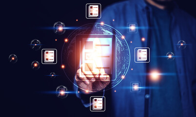 Documents management information system concept, Businessman using visual screen internet for Documents management information system and ERP program data directory in company, ERP document management © Suriyo