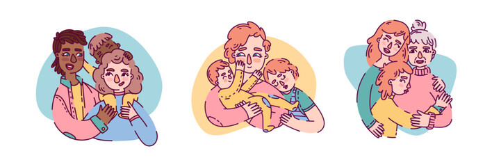 Set cute characters for happy mother s day. Lovely portraits of families, couples, mothers and daughters. Vector.