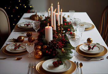 Table served for Christmas dinner in living room, close up view, AI Generated