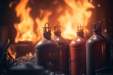 Gas tanks or bottles on flaming background with risk of explosion. Hazardous gas usage illustration. Generative AI - obrazy, fototapety, plakaty