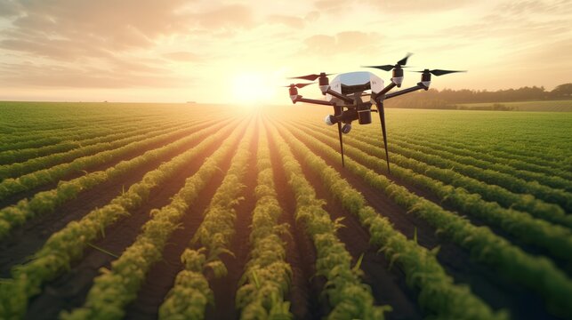 Agricultural drone flying over a lush green field, conducting precision farming with smart irrigation and remote sensing, while monitoring crop health. Digitally driven agtech future. Generative AI