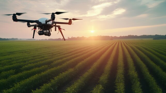 Agricultural Drone Flying Over A Lush Green Field, Conducting Precision Farming With Smart Irrigation And Remote Sensing, While Monitoring Crop Health. Digitally Driven Agtech Future. Generative AI