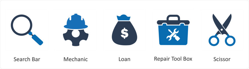 A set of 5 Mix icons as search bar, mechanic, loan