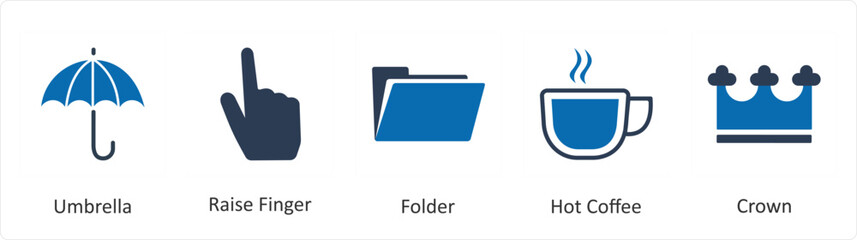 A set of 5 Mix icons as umbrella, raise finger, folder