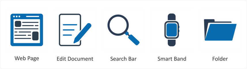 A set of 5 Mix icons as web page, edit document, search bar