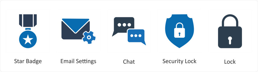 A set of 5 Mix icons as star badge, email settings, chat