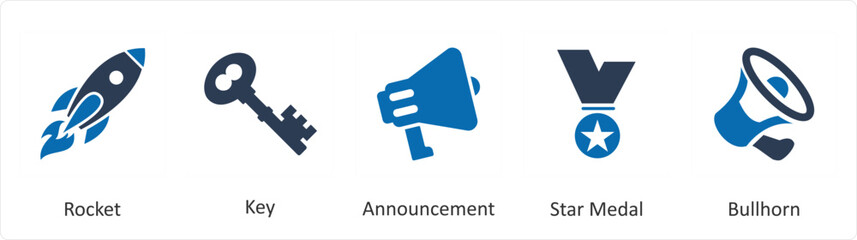 A set of 5 Mix icons as rocket, key, announcement