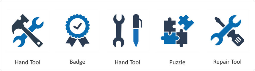 A set of 5 Mix icons as hand tool, badge, puzzle