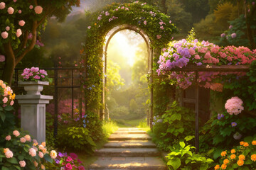 Plakat Fantasy garden background. Mystical entrance from a magical garden. Entering the unknown. Spiritual growth. Footpath through a magical garden with spring flowers to the house. AI generative image