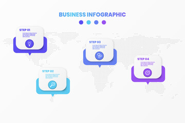 Vector business infographic concept, four step graphics and business icons, white background dotted world map