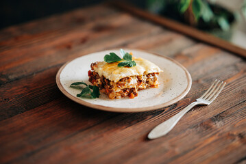 Tasty lasagna italian delicious food meals eat on the wooden dark table lyfestile still life photo