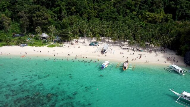 Aerial view: catamaran style Filipino banca boats traversing in foreground of Tropical Seven Commando beach , Tourists swimming in turquoise clear water on white sand .El Nido Palawan, Philippines.