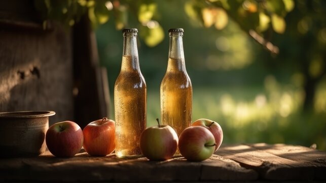 Zwei Flaschen frisch abgef&uuml;llter Apfelwein Cidre auf einem alten Holztisch vor verschwommenen Hintergrund mit Apfelhain an einem sonnigen Tag, Generative AI
