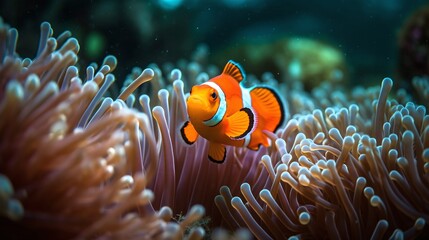Fototapeta na wymiar サンゴ礁の海を泳ぐクマノミのイメージ　generative ai