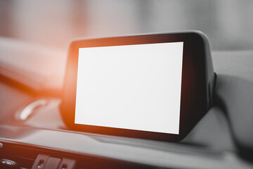 Modern vehicle infotainment system blank screen mockup. Car interior.