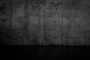 Grungy dark concrete wall and wet floor