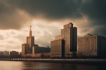 Fototapeta na wymiar Soviet cityscape with modernist buildings and cloudy morning sky. Generative AI