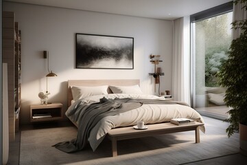 A cozy contemporary bedroom with soothing neutral tones and ample sunlight, featuring a queen-sized bed adorned with plush bedding. Generative AI