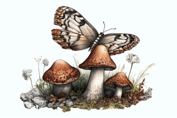 Sketch of mushroom and butterfly with transparent background. Generative AI