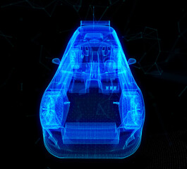 Digital car in a futuristic style. Concept for for the presentation of automotive technology. Light effect and neon
