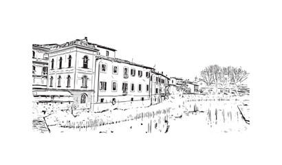 Building view with landmark of  Rieti is the town in Italy. Hand drawn sketch illustration in vector.