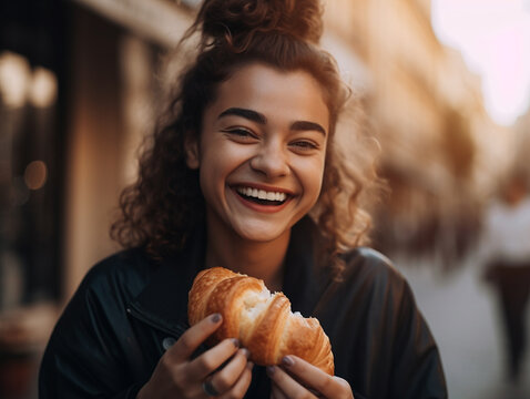 Bakery people person holding a croissant bread Smile american women portrait Generative AI