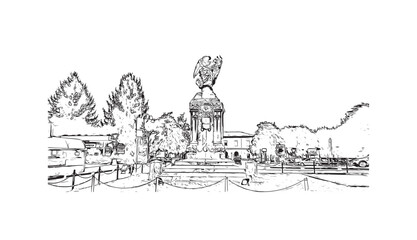 Building view with landmark of  Rieti is the town in Italy. Hand drawn sketch illustration in vector.