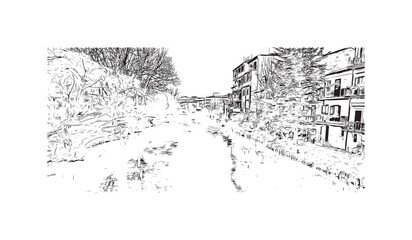 Building view with landmark of  Rieti is the town in Italy. Hand drawn sketch illustration in vector.