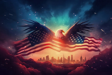 Fototapeta na wymiar Eagle and flag united state of America on sky background. Independence day. Generative AI